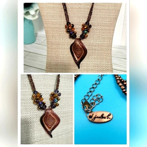 Jules B Fashion Statement Glass Beads and Pendant Necklace Brown Glitter Tones - Picture 1 of 7